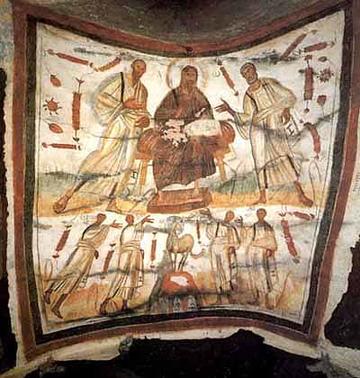 Christ between St. Peter and St. Paul, a 4th century painting in the catacomb of St. Marcellinus and St. Peter on the via Labicana in Rome